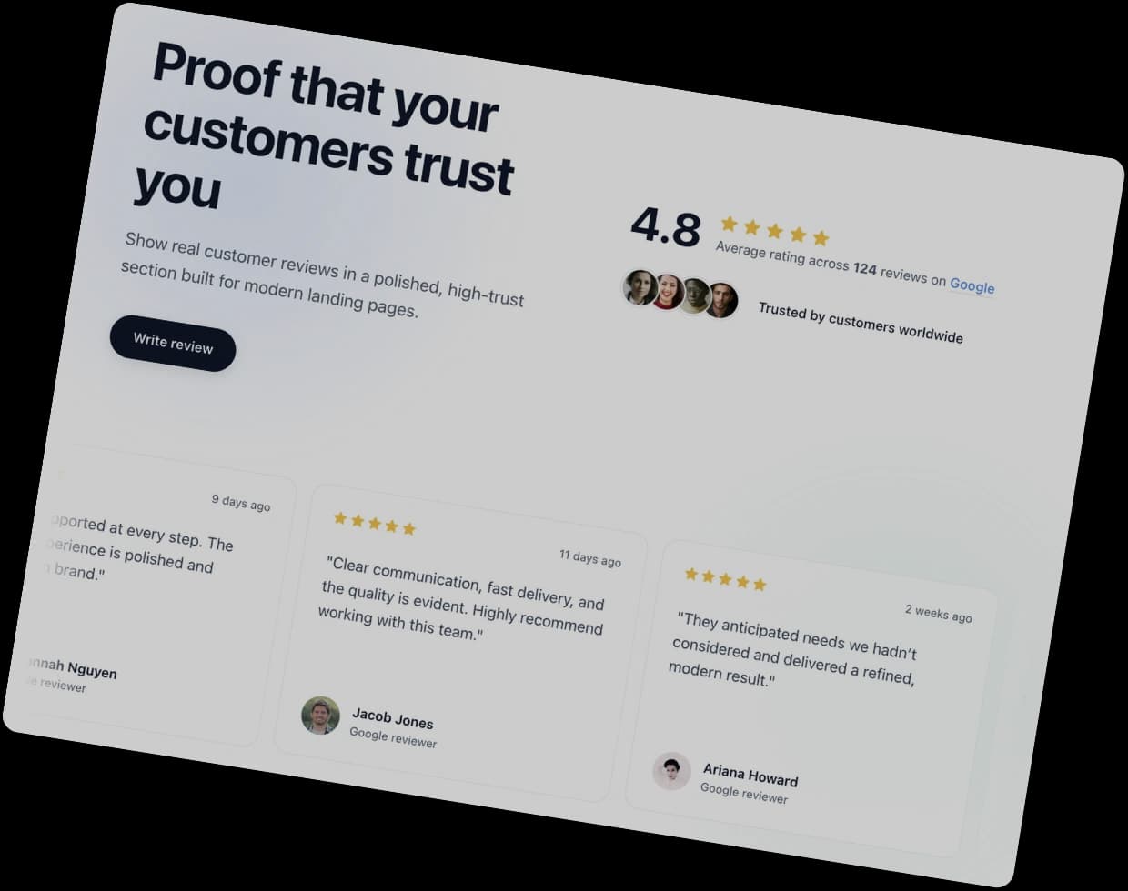 Example of a RevuKit Google reviews section with a rating summary, reviewer photos and review cards