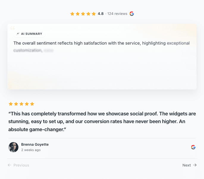AI summary review widget with sentiment summary and individual review area